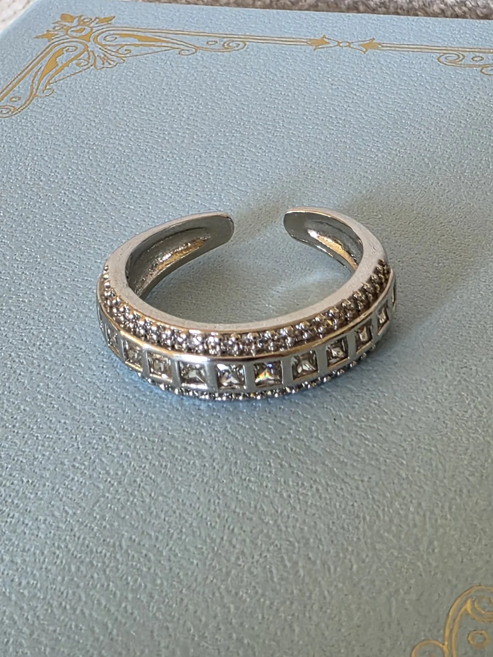Silver Tone Adjustable CZ Band Ring Princess Cut Rhinestones